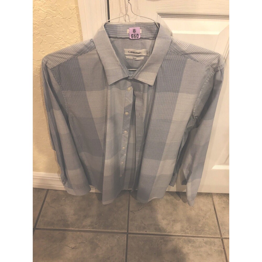 Calvin Klein Mens White/Blue Striped Dress Shirt Slim Fit Large